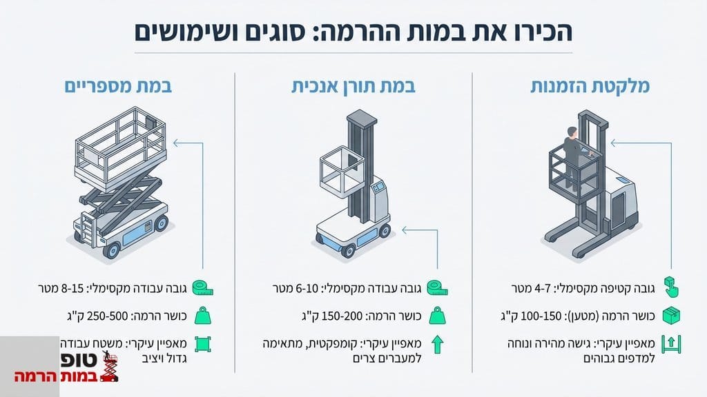 טופ במות הרמה סוגי במות הרמה: מספריים, תורן אנכי ומלקטת הזמנות
